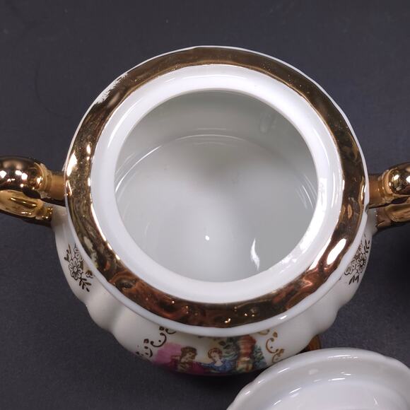 MCM Japanese Porcelain Sugar & Creamer Set Gold Trim Romantic Courting Scene - Picture 7 of 10